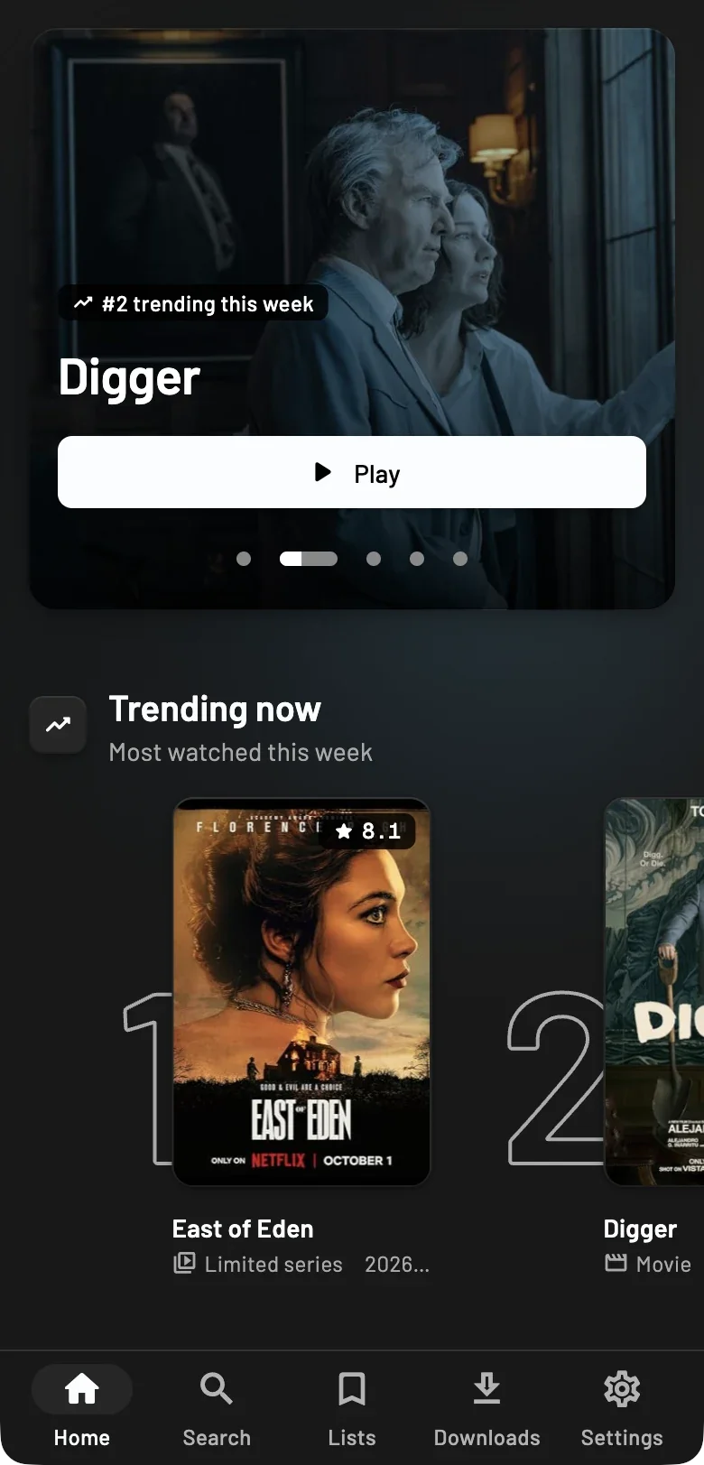 Sentorr home on a phone: the spotlight, Trending now and bottom navigation