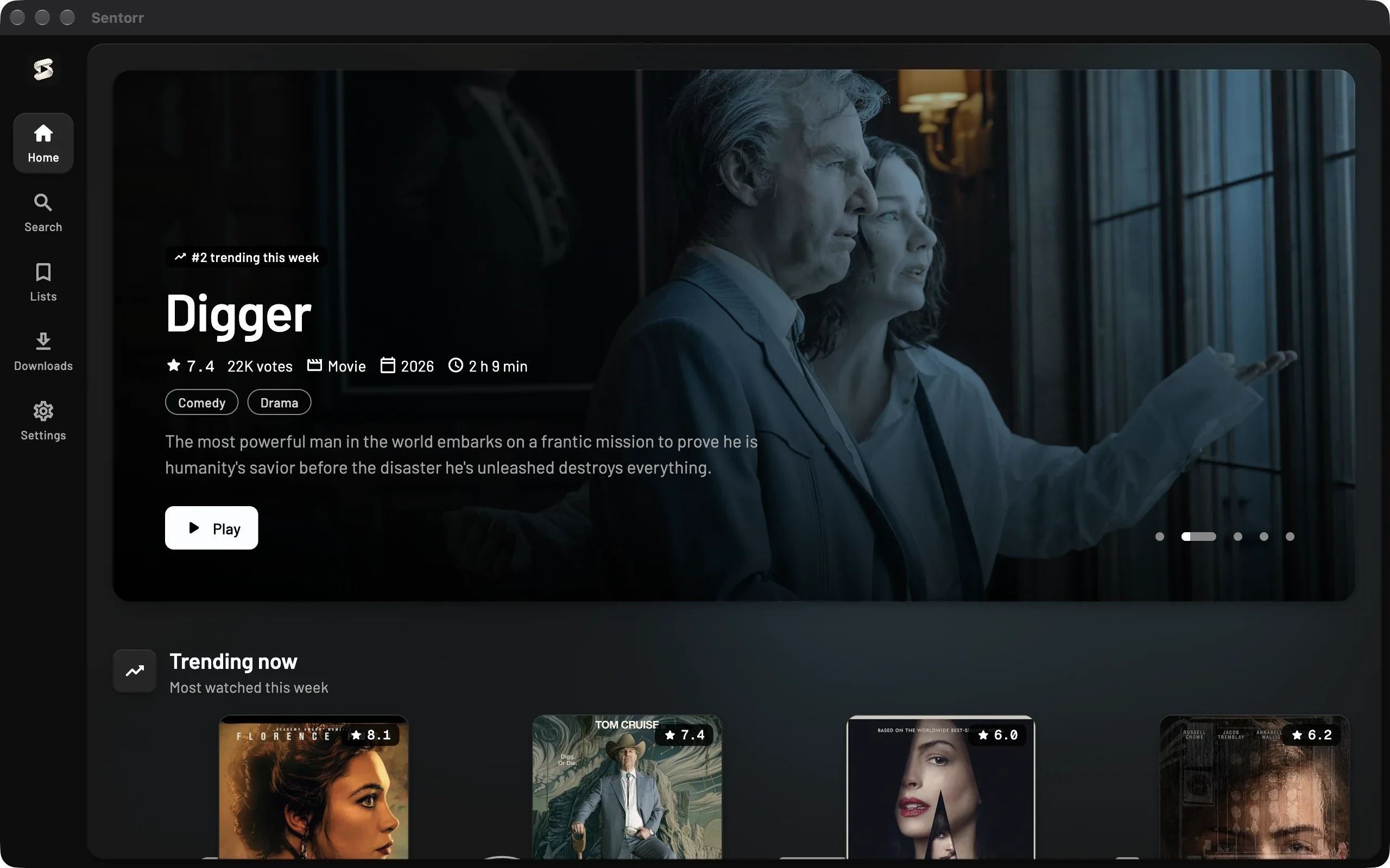Sentorr home on desktop: a trending movie spotlight with Play and More info, above the Trending now row